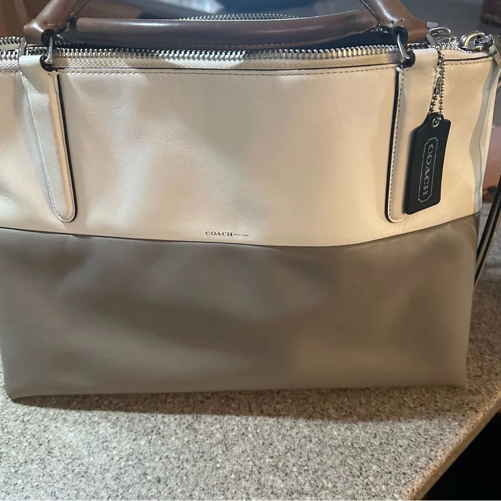 Coach Cream and Tan Satchel with Silver Hardware